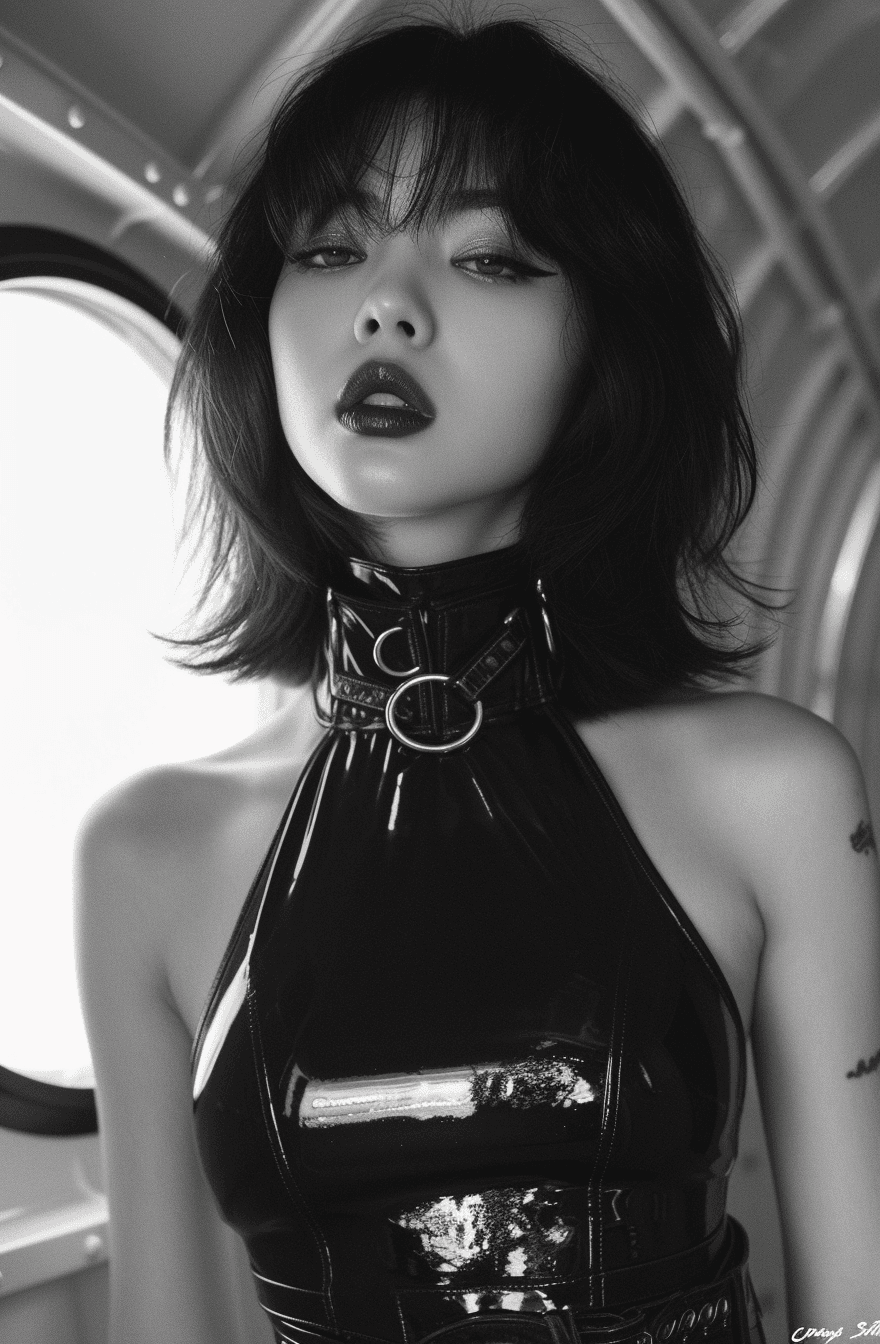 AI generated: high fashion, vintage latex outfit, in the style of joong keun lee, intense shadows, smooth and shin...