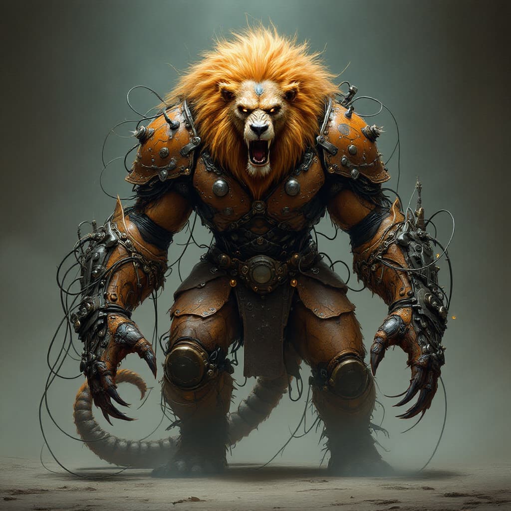 AI generated: A terrifying and intelligent humanoid African chimera, a combination of multiple powerful animals. I...