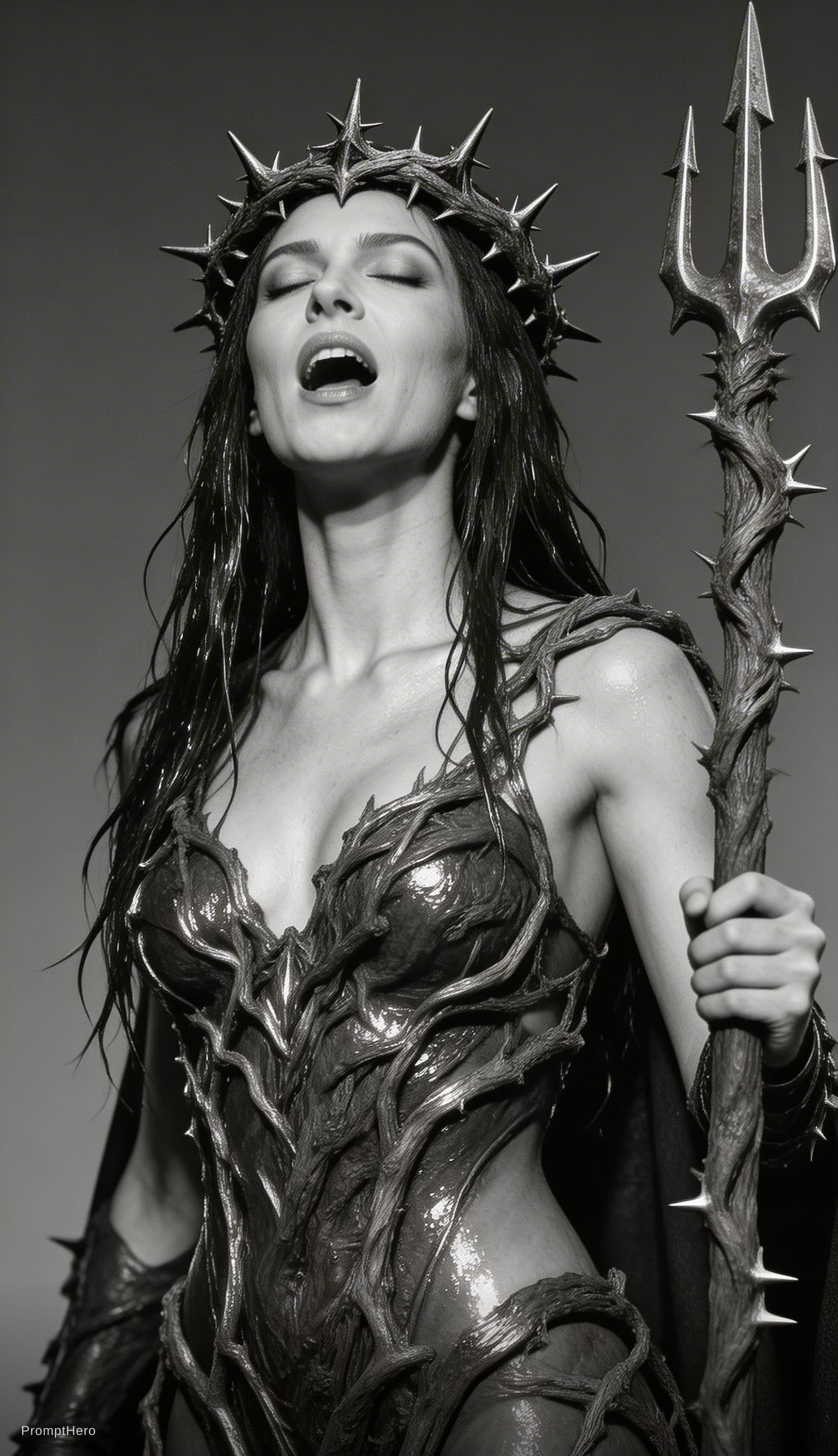 AI generated: A dramatic black and white portrait of a powerful female deity or sorceress, her head tilted back in...
