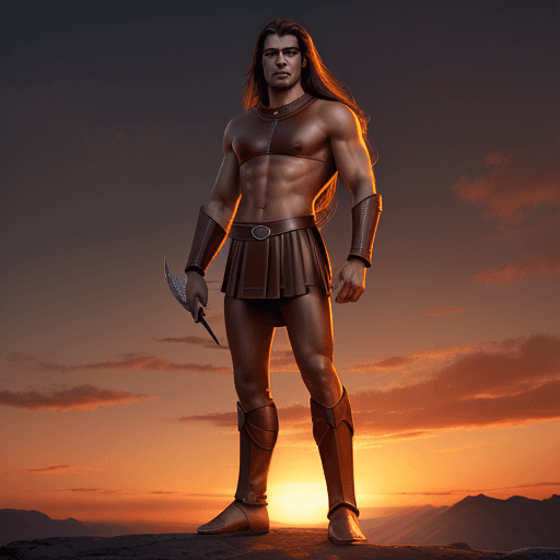 AI generated: spartan, handsome, cinematic, at a sunset, full body, as disney style, 
just leather, long, hair, 