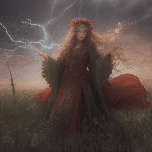 AI generated: A young goddess with long wavy hair, standing in a flower field of tall grass. She is wearing a dark...