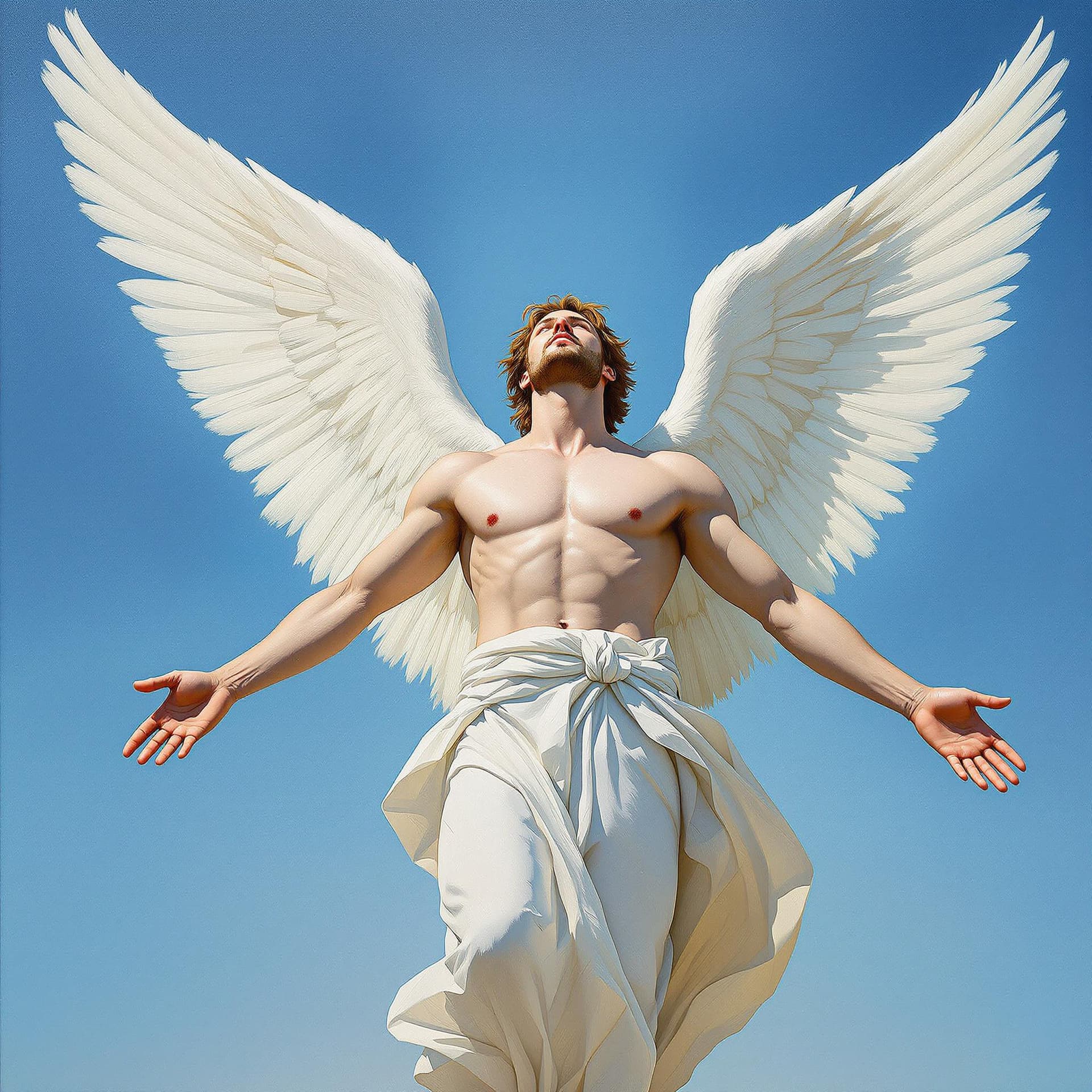 AI generated: An artist's painting of a masculine male, a strong angel, light brown hair, a clean-shaven face, arm...