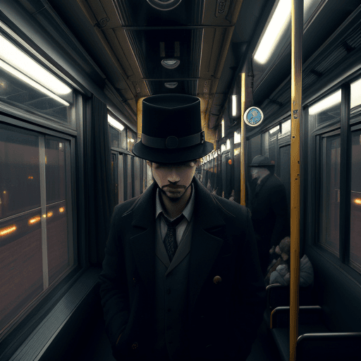 AI generated: A man with a hat enters a dark style train, the lights inside the train are very low, inside the tra...