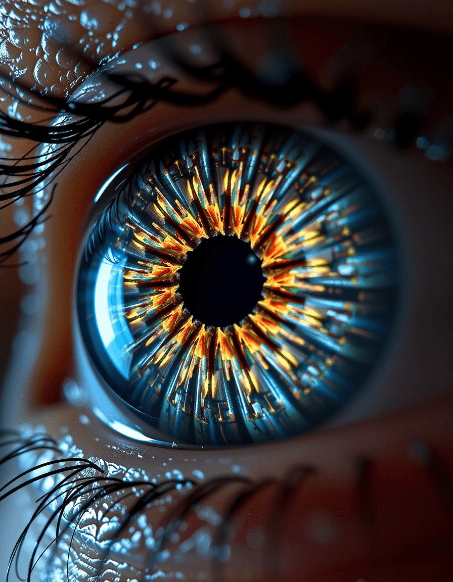 AI generated: Extreme close-up, macro shot of a character's eye. The iris is a mesmerizing, deep universe of subtl...