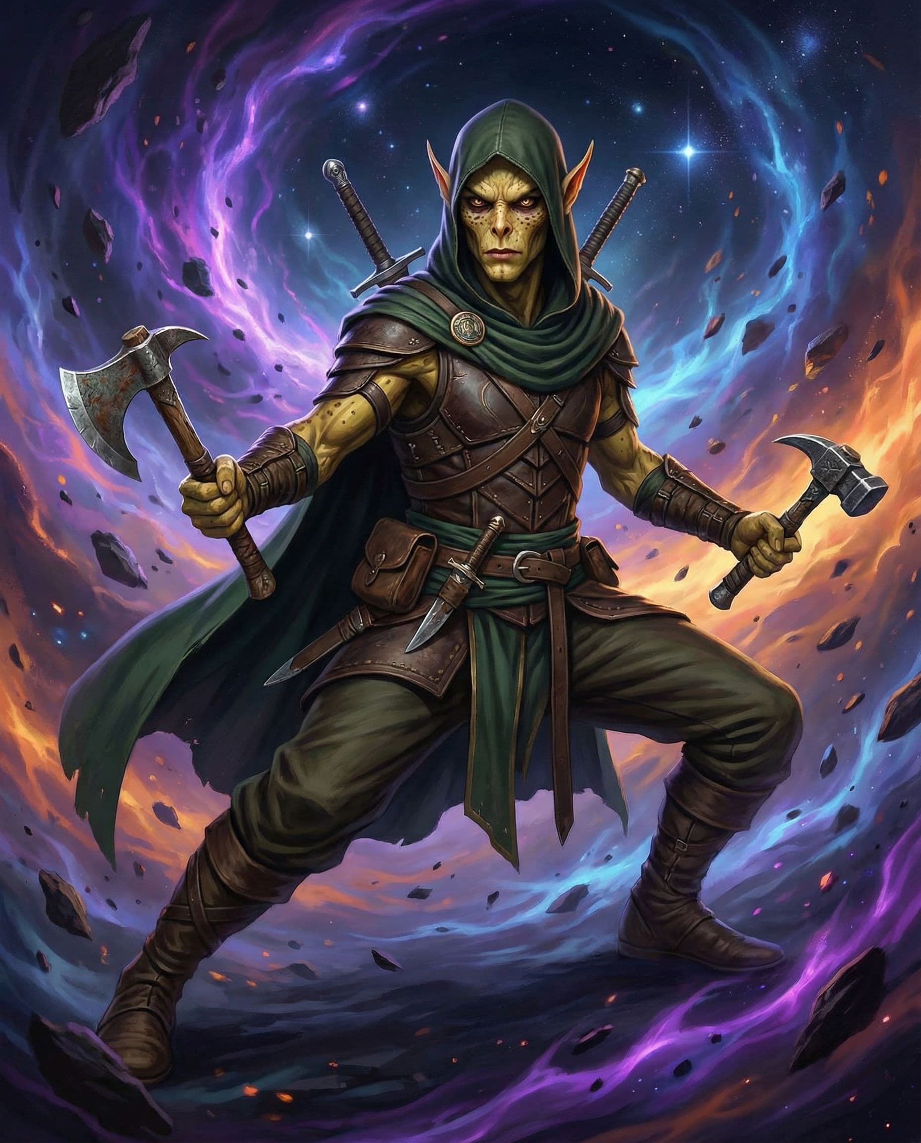 AI generated: male githzerai ranger wearing green cloak with weapons strapped on back and belt, a small axe in one...