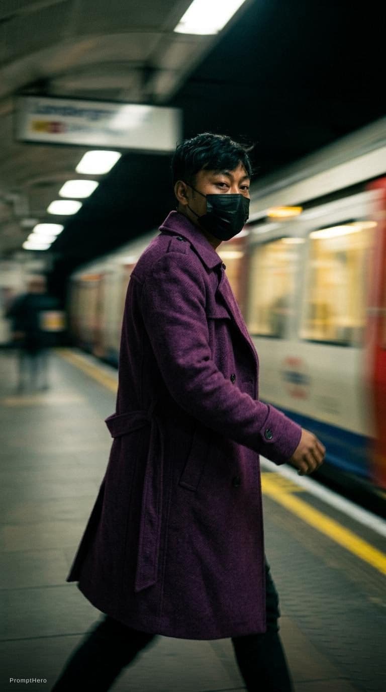AI generated: fashion editorial photography, motion blur, male model, wearing a black mask and a wool coat, deep p...