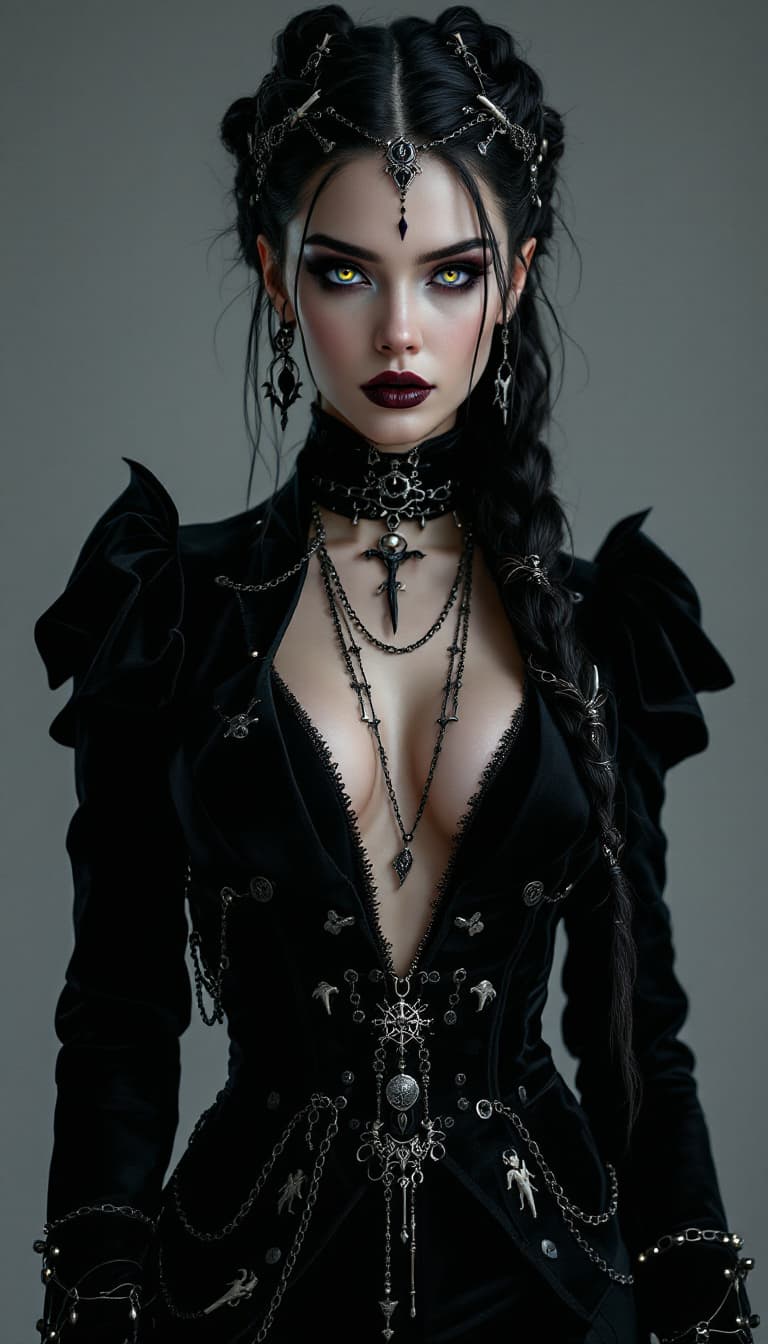 AI generated: An ultra-realistic, full-body portrait of a captivating gothic demonologist woman, radiating dark in...