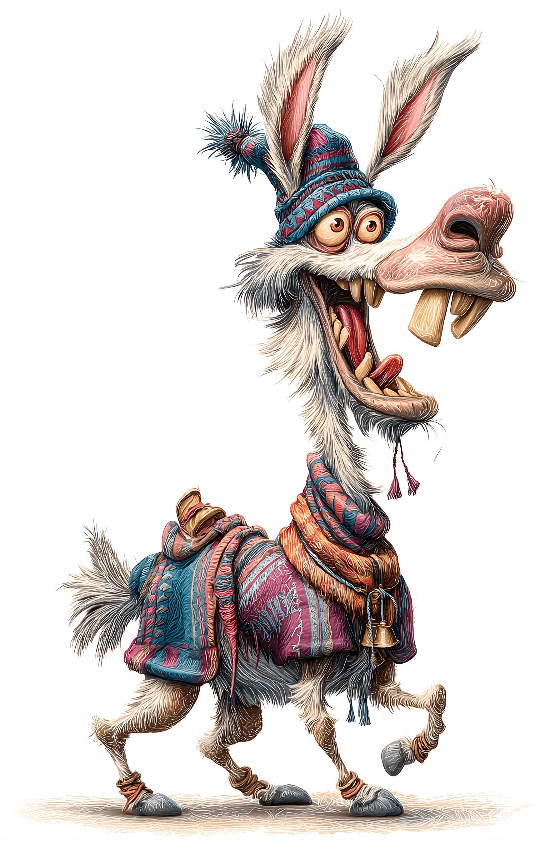 AI generated: funny caricature, silly llama character, peruvian ethnicity, 5 years old, aloof, curious, dramatic, ...