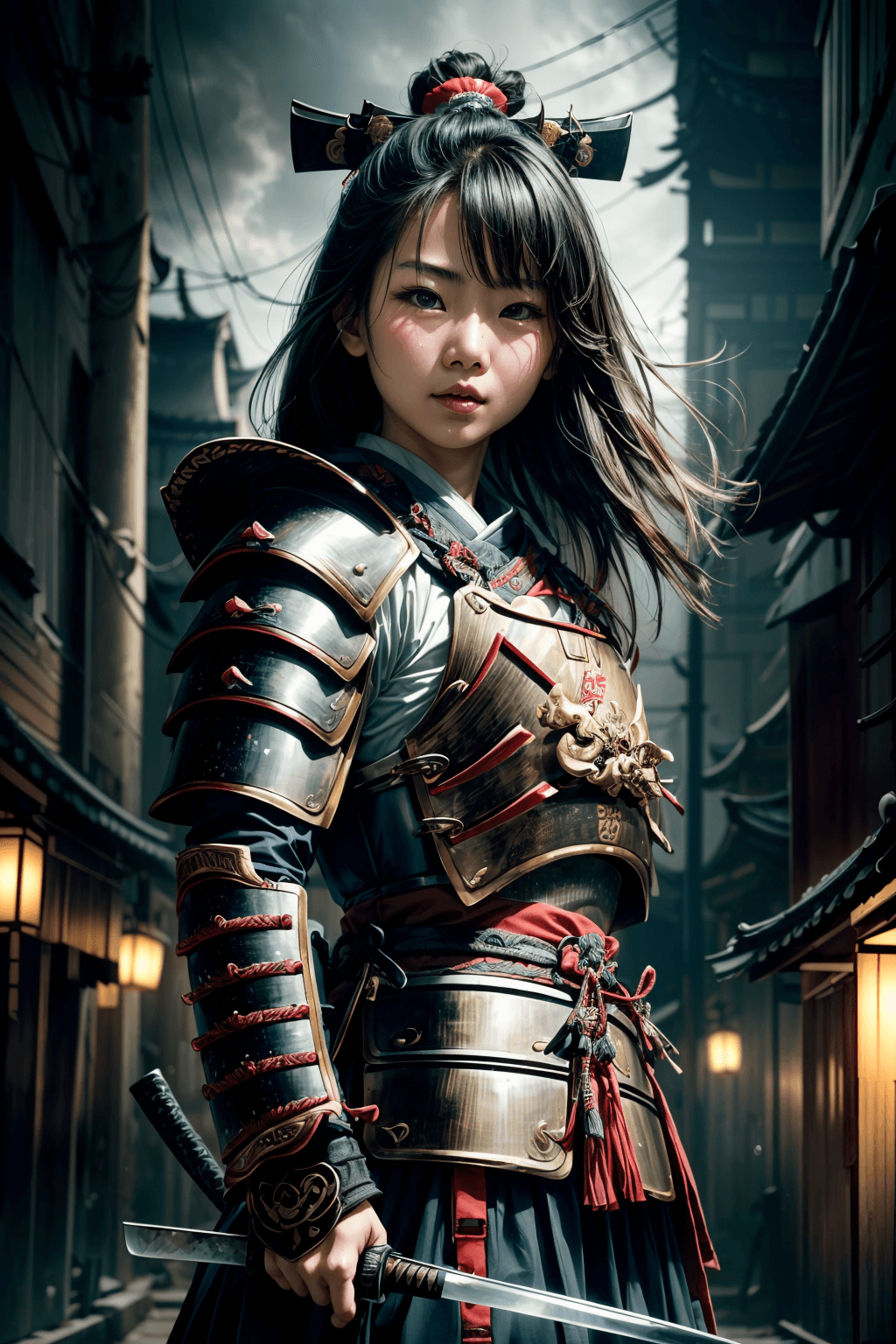 AI generated: (Asian girl wearing intricate samurai armor:1.5), dark rainy city, (dynamic pose, action scene), (lu...