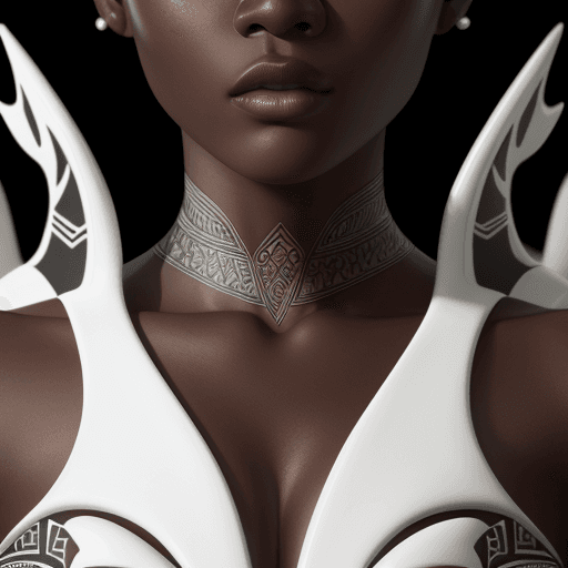 AI generated: intricate closeup shot, masterpiece artwork, black skin-tight body, tribal, suit, white accent, deta...