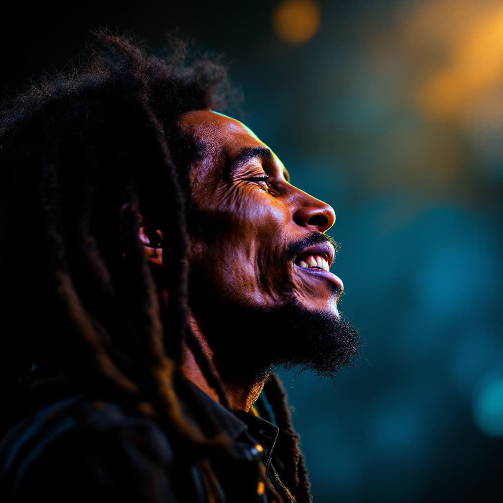 AI generated: ainimated energy filled profile image shot on a 80mm 1.2 prime lens of bob marley on stage performin...