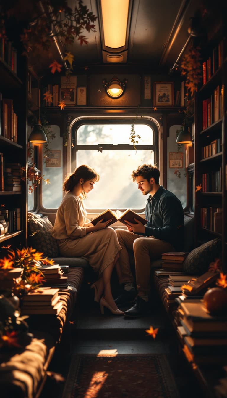 AI generated: The train car transforms into a cozy bookstore. The young man and the girl simultaneously reach for ...