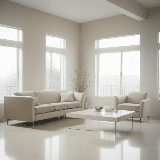 AI generated: Photograph, contemporary living room, soft light of morning, integration of beige flooring and matte...