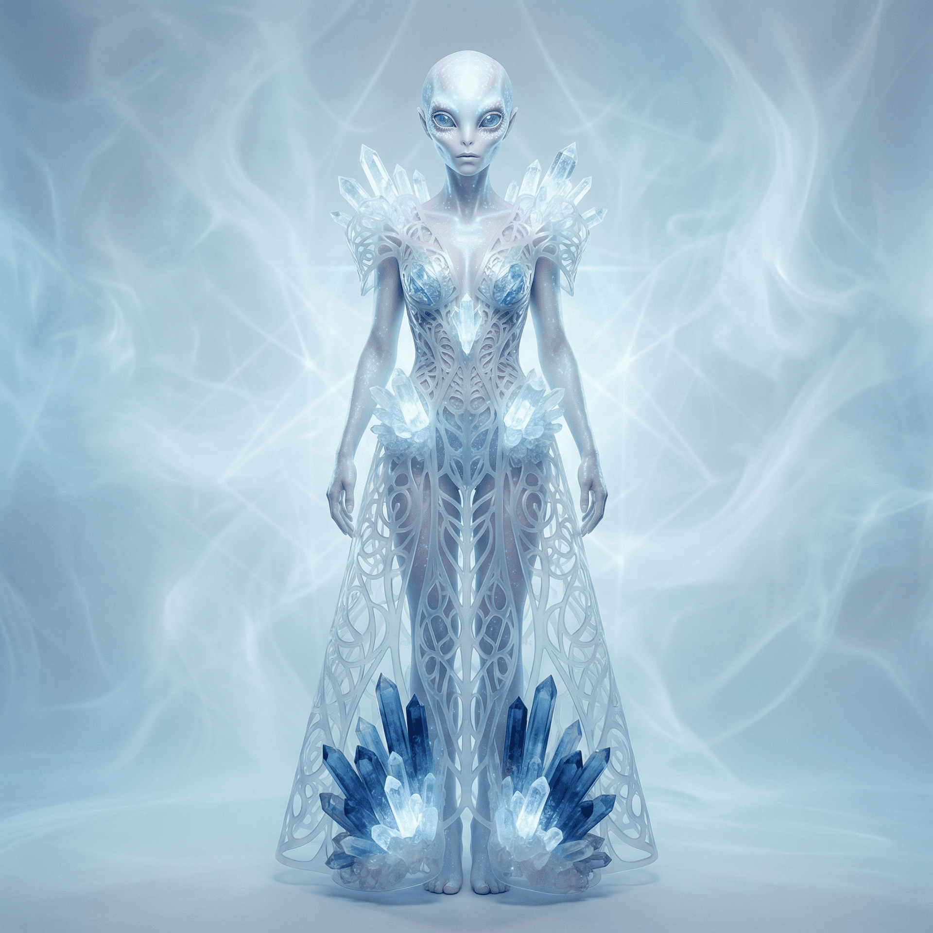 AI generated: full body portrait of a beautiful alien model, intricate filigree crystal dress in the style of Iris...