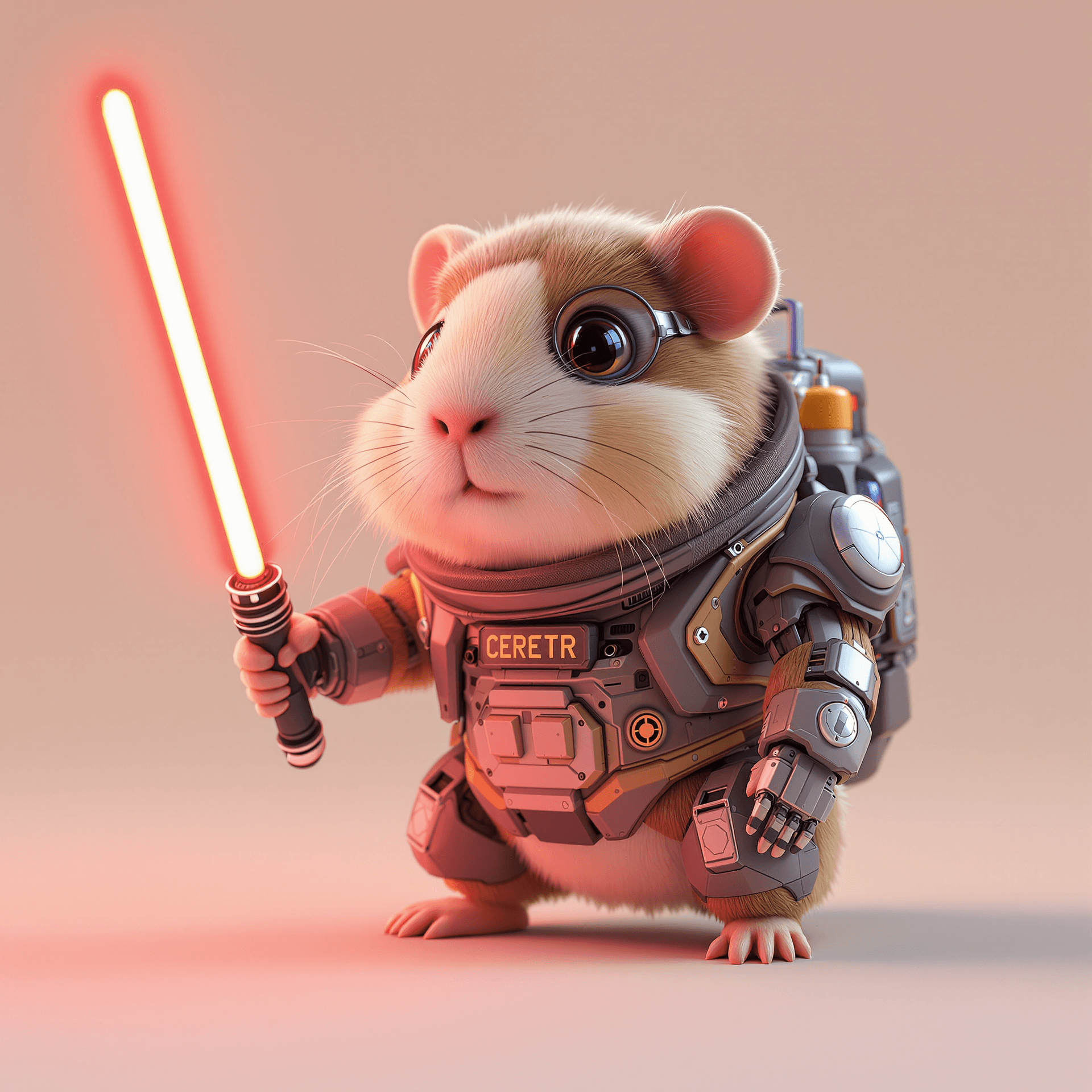 AI generated: anthropomorphic guinea pig wearing a future mech, holding a red light saber, pixar, pastel color, na...
