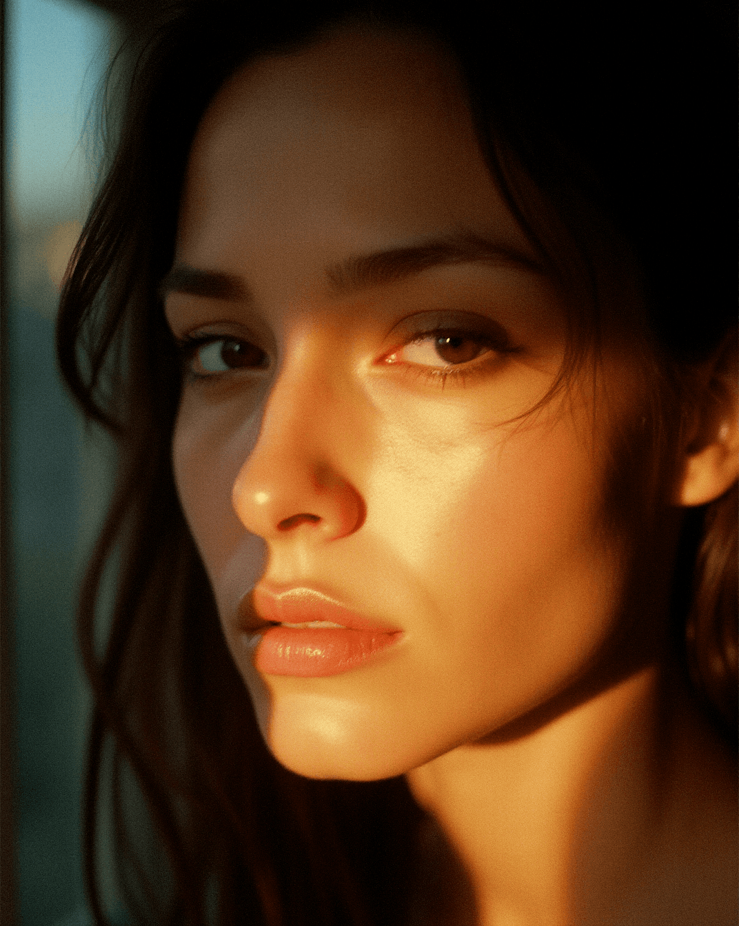 AI generated: Close-up portrait of a woman in warm golden-hour light, calm expression, soft shadows, natural tones...