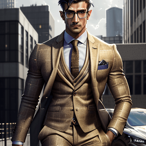 AI generated: Full-body realistic illustration of Roshan in a modern urban setting, wearing a tweed suit, with a f...