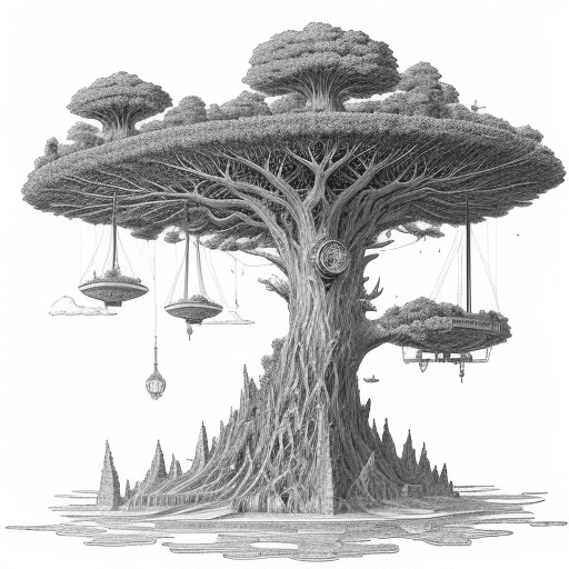 AI generated: A huge tree growing on the floating island.no leaf.island in the air,Coloring bookprint,Steampunk,me...