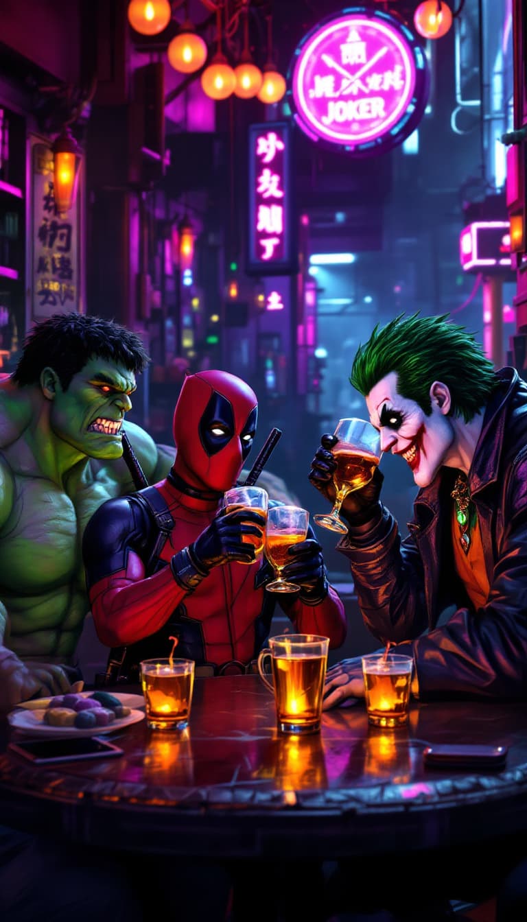 AI generated: Deadpool and big hulk and the joker sitting at a table drinking at a club in a cyberpunk world