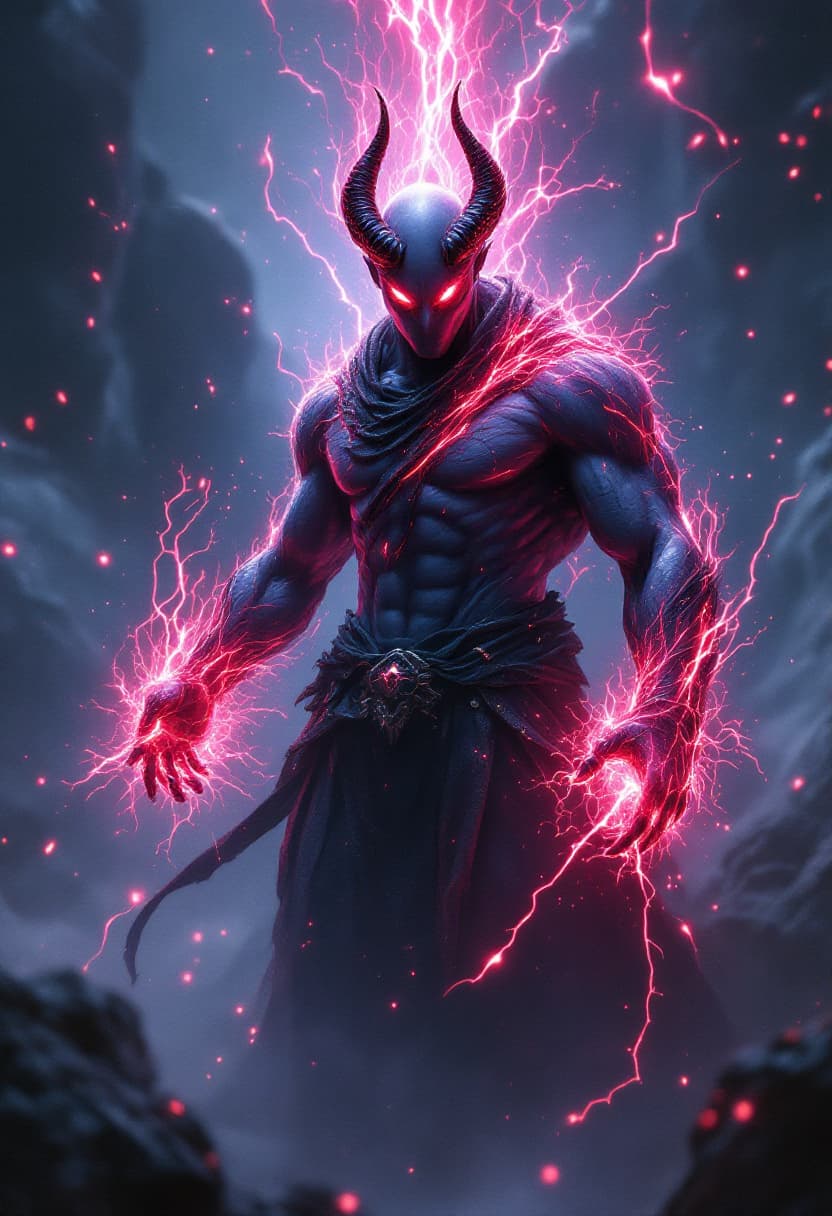 AI generated: God of Energy and Plasma full-body, Etherial, muscular, Glowing red eyes, epic, cinematic, 8k, hyper...
