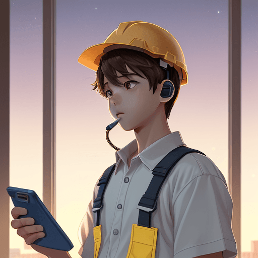 AI generated: illustrations amine a boy calling phone during working in construction, in the style of Photography,...