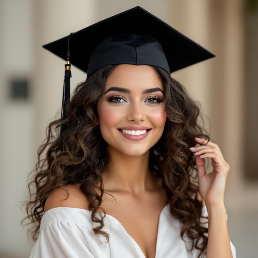 AI generated: a beautiful 29 years woman on her graduation day, where she is wearing beautiful gown and her gradua...