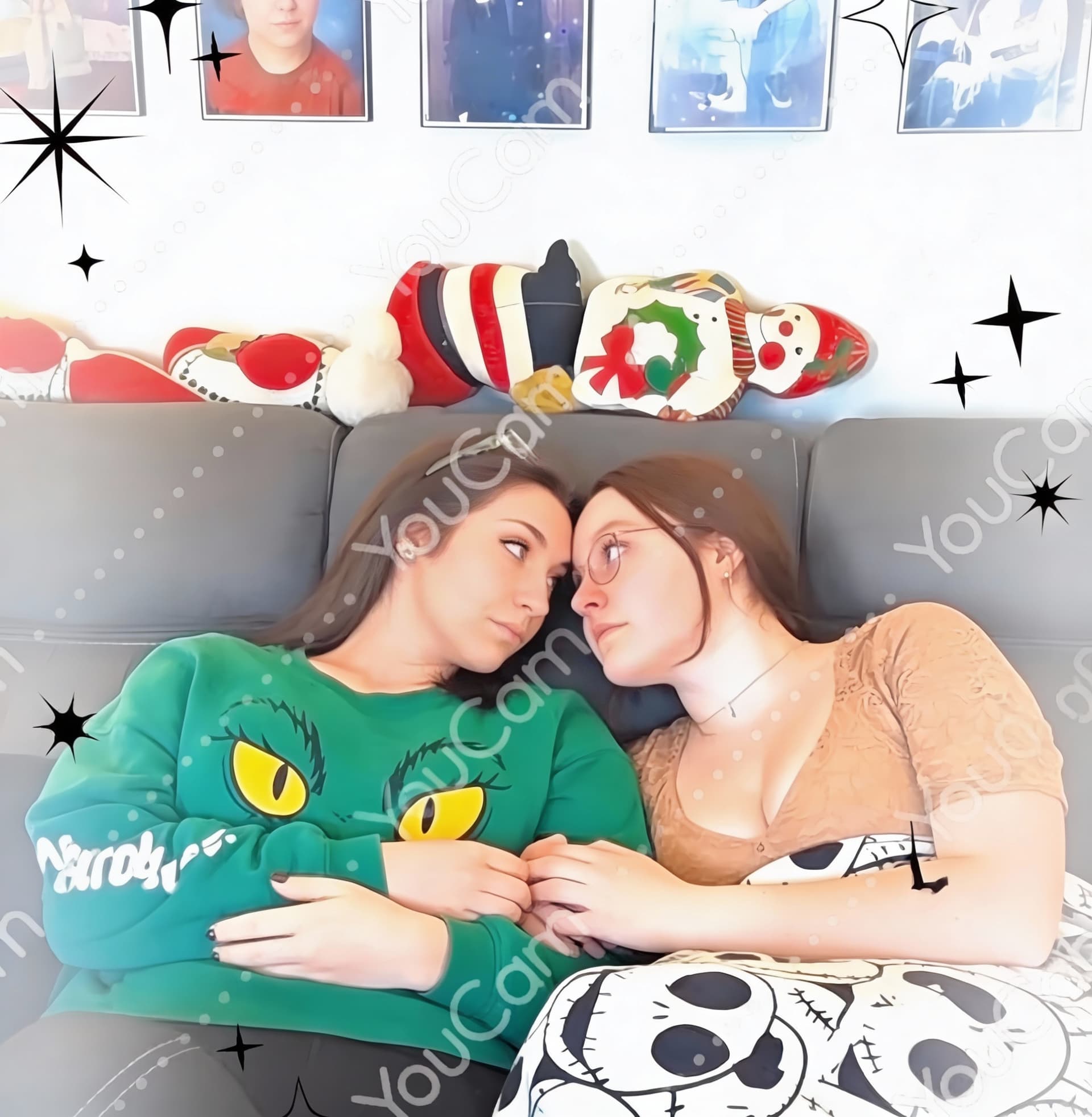 AI generated: the women holding each other while they lay beside each other staring into each other's eyes