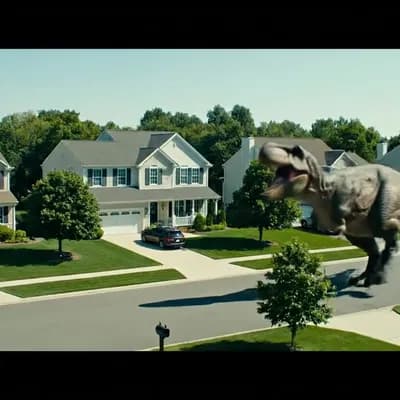 AI generated video: A massive T-Rex thunders through a quiet American suburban neighborhood, crushing cars and tearing u...
