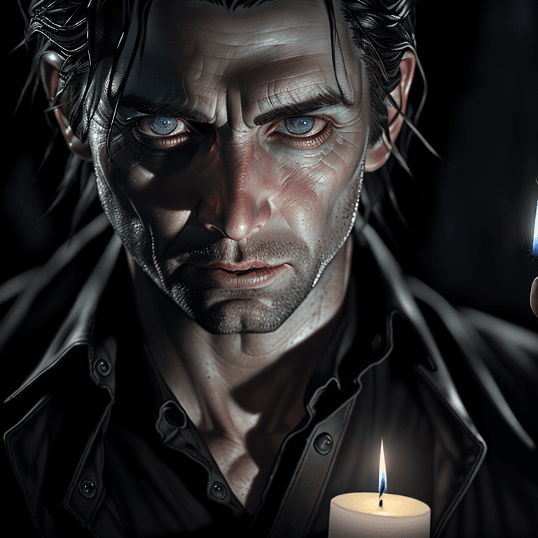 AI generated: Photo portrait of an ultra realistic creepy alan wake 2, holding a candle light, ultra hyper realist...