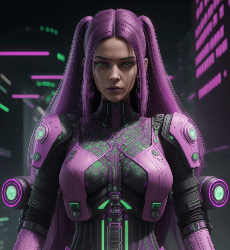 AI generated: latina gorgeous cyberpunk woman  pretty Matrix,extra long hair, colors pink purple  green, intricate...