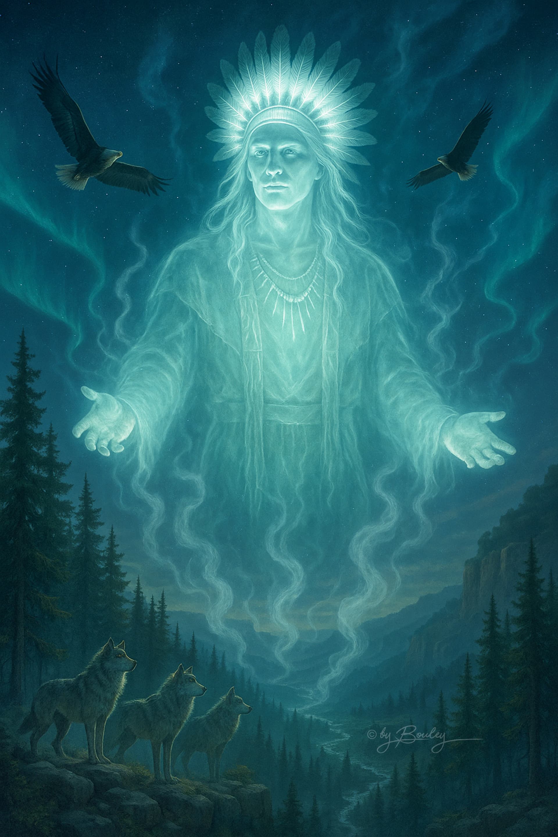 AI generated: Create a digital fine art of God Native American Great Spirit, Gigantic ethereal Great Spirit glowin...