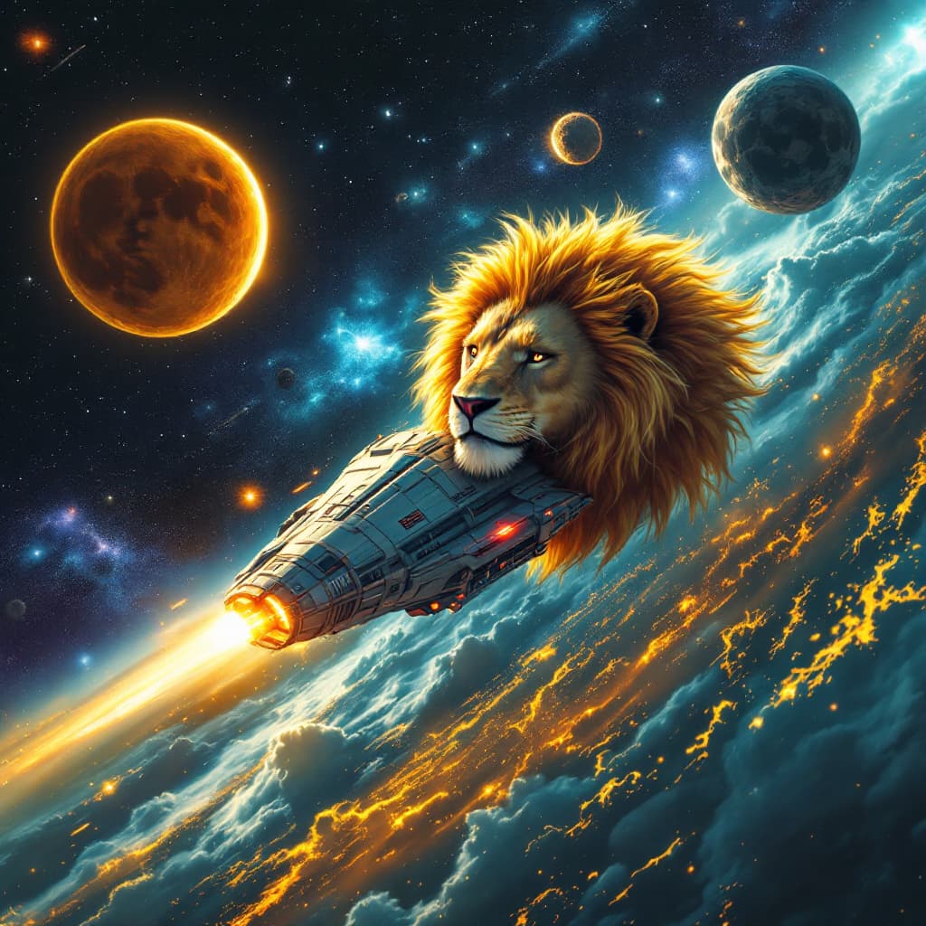 AI generated: a lion themed spaceship, moving throw space, with the sun shining 