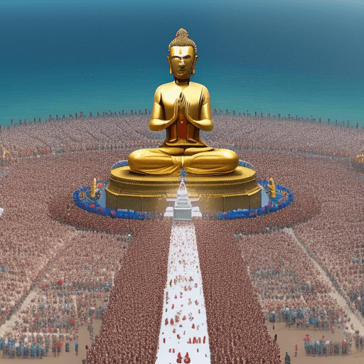 AI generated: Jesus, Buddha, Vishanu, crowd the people meditation, 4k, full of pride, in ocean