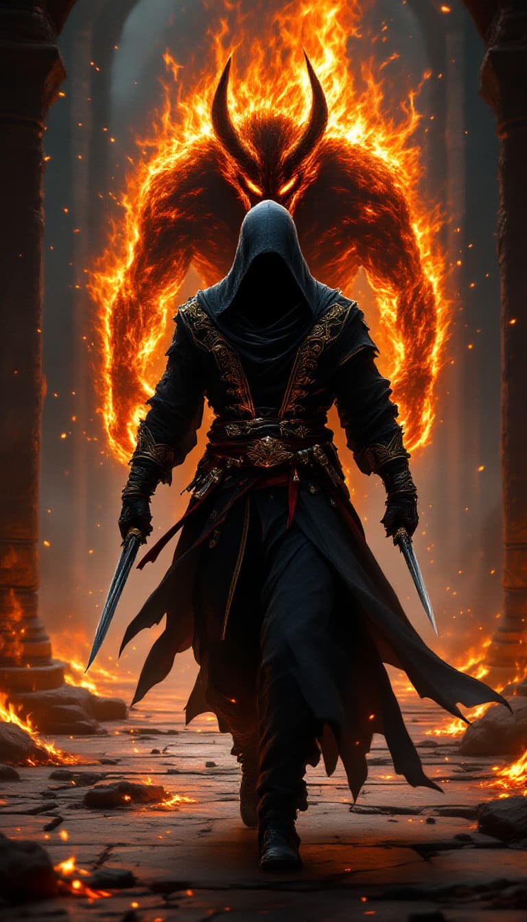 AI generated: An ultra-realistic, wide angle, front facing, full-body portrait of a hooded Persian Assassin, drape...