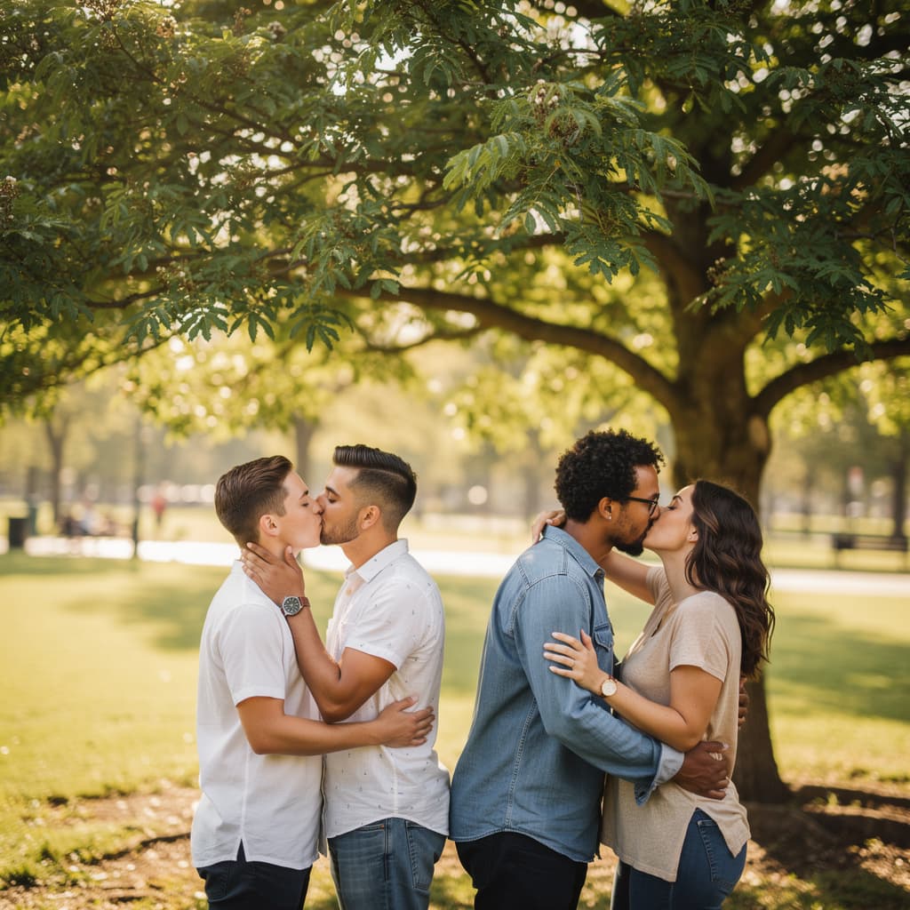 AI generated: two cute male gay couples kissing under a tree