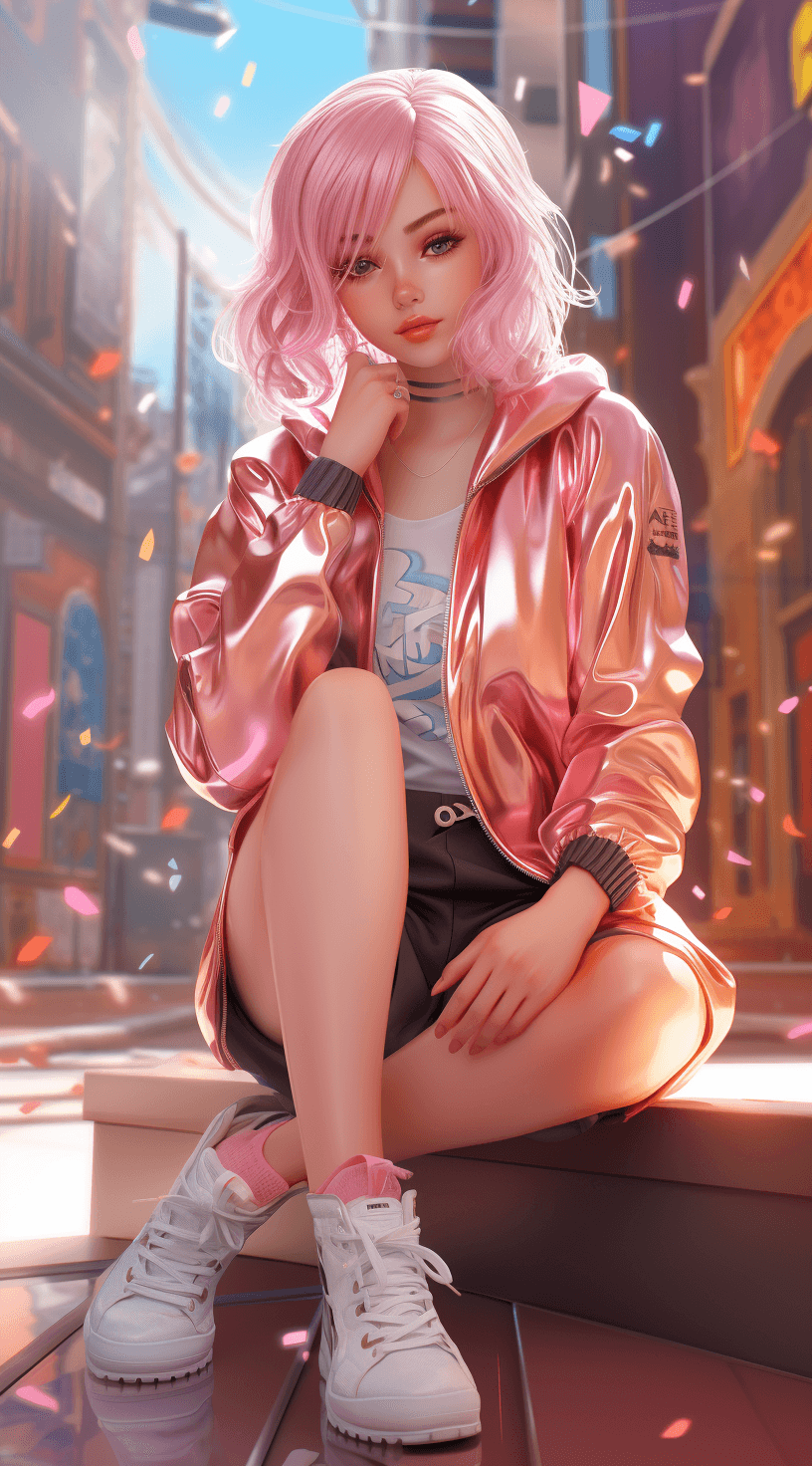 AI generated: Image of an anime young adult woman in pink jacket and shoes, in the style of iridescence/ opalescen...