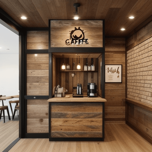 AI generated: Generate an image of a wooden-style cafe serving hatch. The serving hatch is built into a wall, so i...