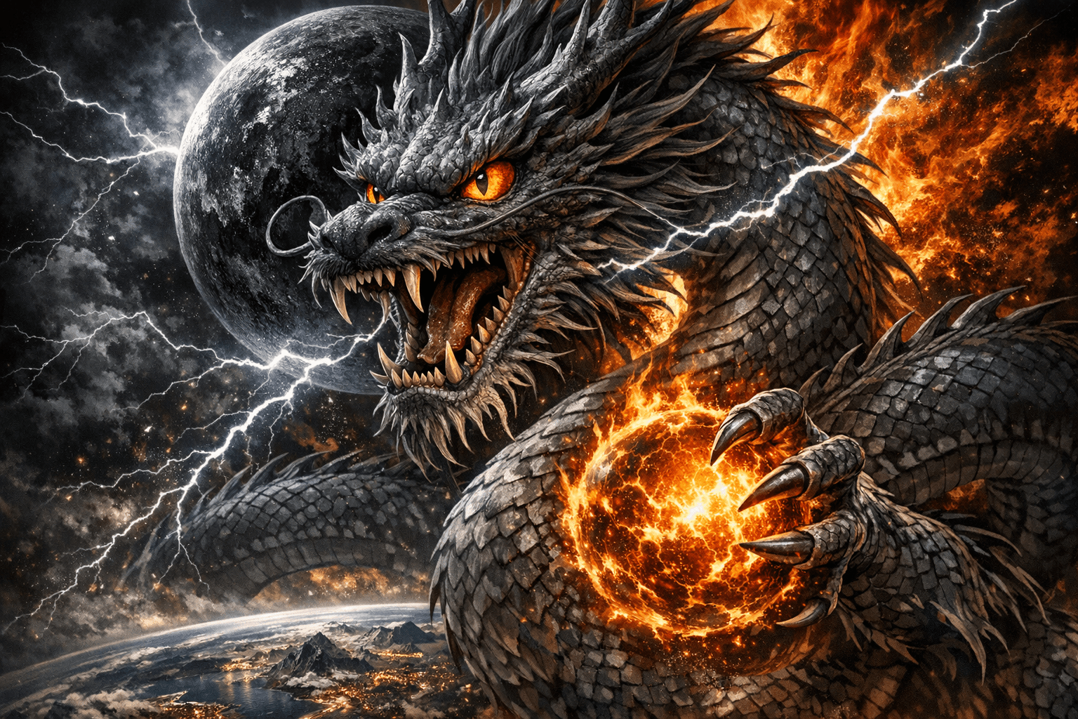 AI generated: a realistic furious Chinese dragon in black and gray, head turned 3/4 and mouth open in the foregrou...