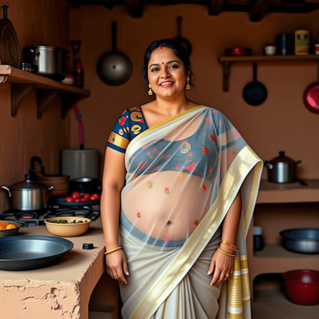 AI generated: use uploaded face image as it isAN indian 30 year chubby fair ,drop saree ,open naval, big chest
  v...