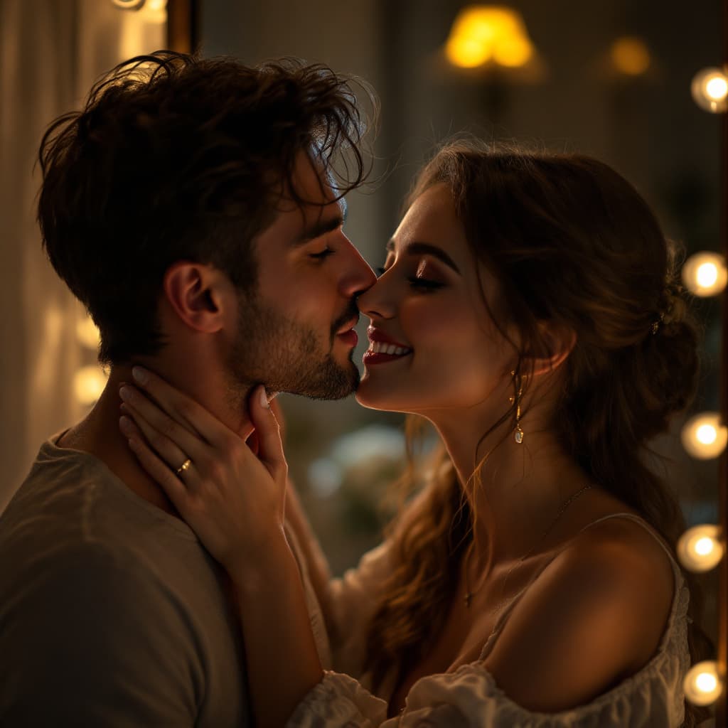 AI generated: "A romantic scene featuring a couple in front of a mirror. The man is gently trying to kiss the woma...