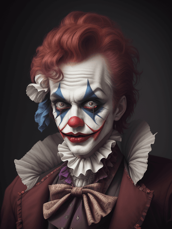 AI generated: Fashion photography of a joker, 1800s renaissance, clown makeup, editorial, insanely detailed and in...