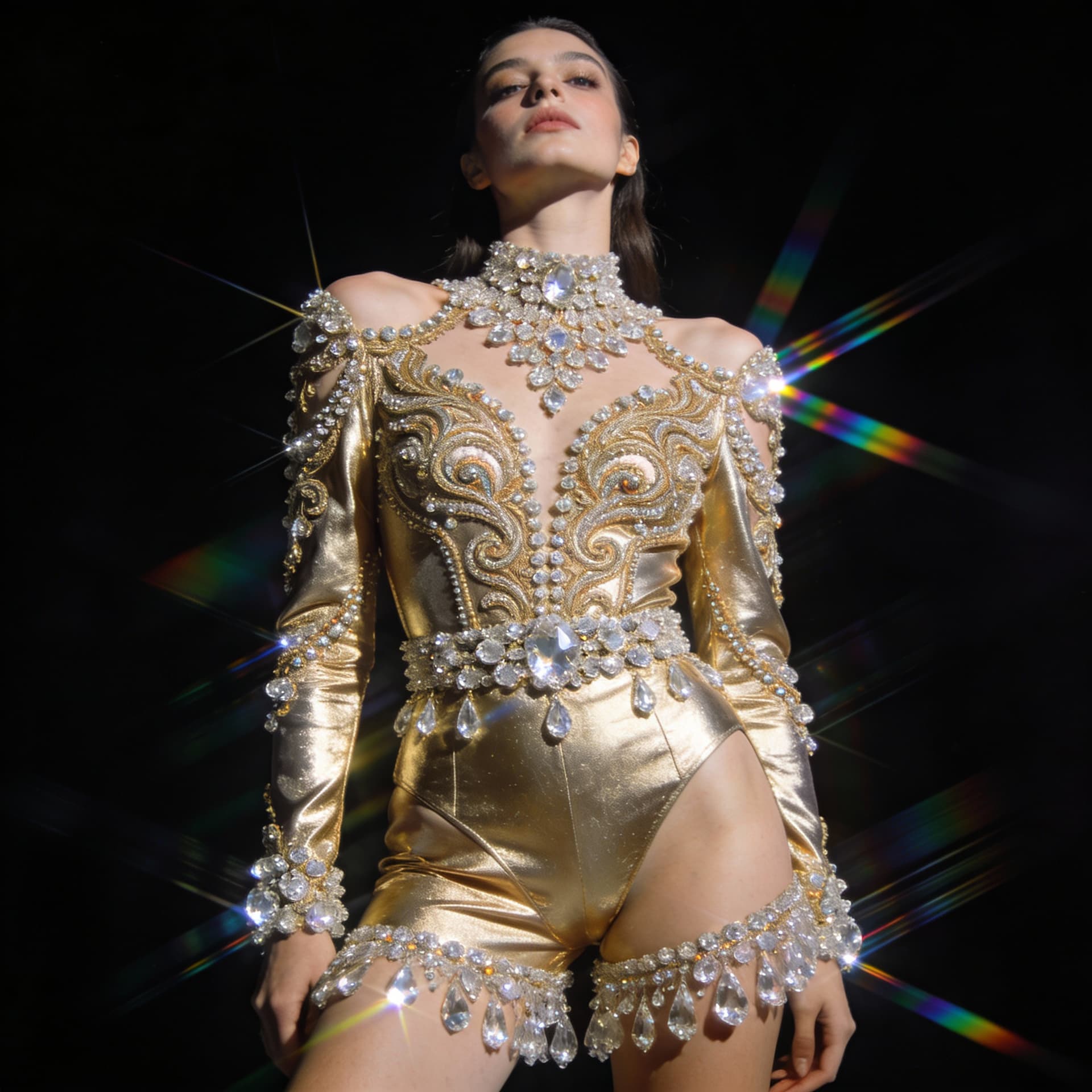AI generated: full-body portrait of confident woman wearing intricately designed an appropriate gold and crystal o...