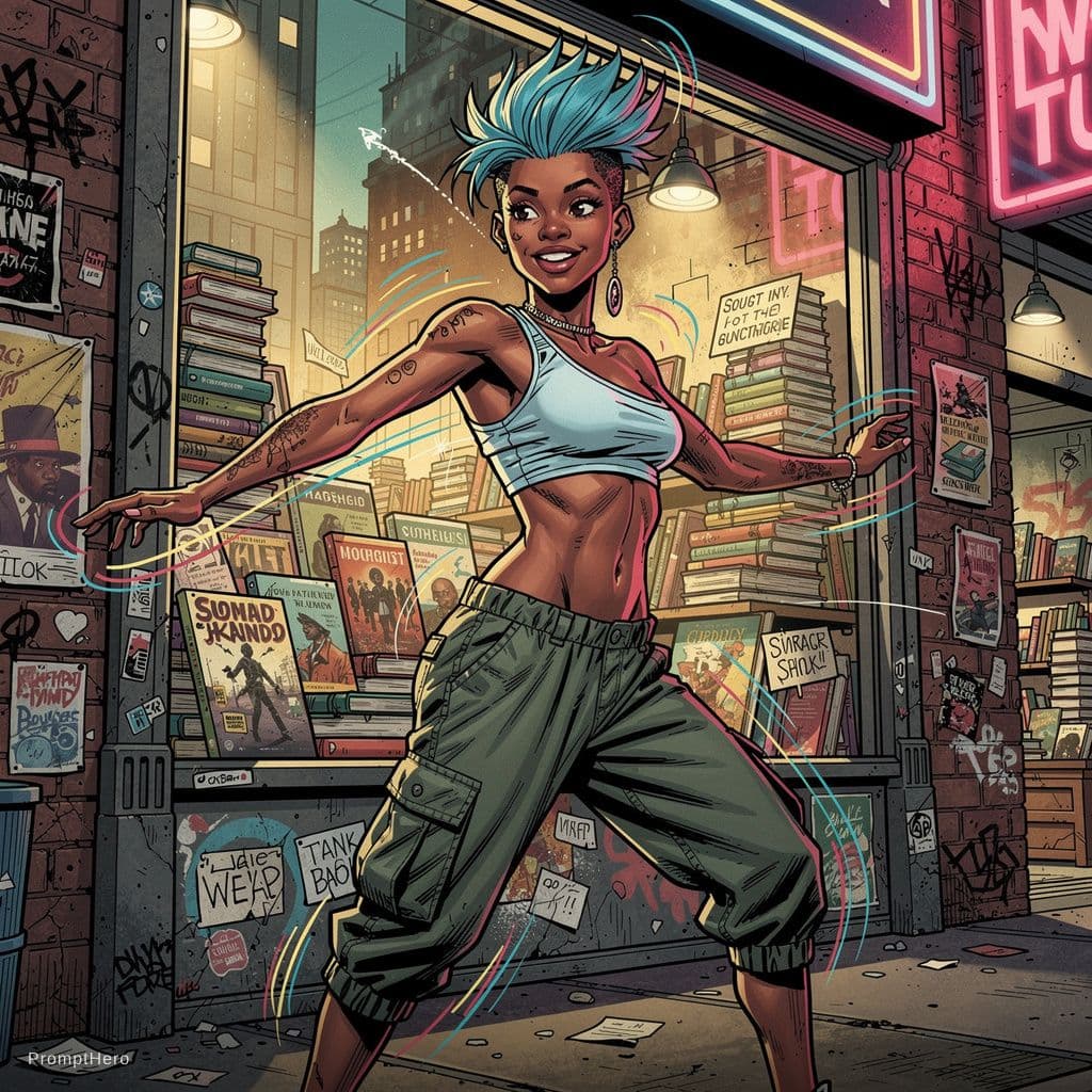 AI generated: Akan-Chokwe female playful dancer 24-year-old with short spiky cerulean hair, asymmetric crop top, c...