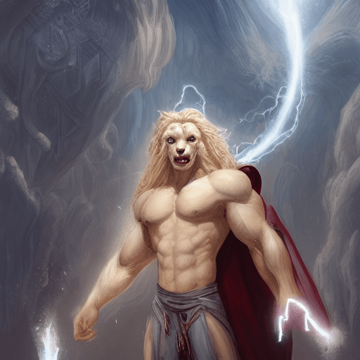 AI generated:  albino muscular and attractive anthro lion with mane turning into cosmic smoke while wearing an att...