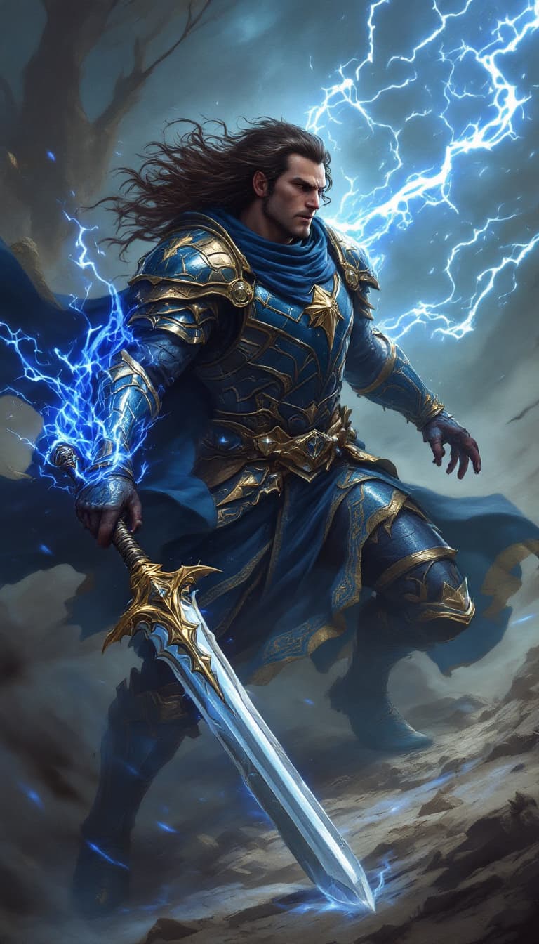 AI generated: kaladin stormborn paladin, detailed blue and gold armor and weapons, dynamic action scene, blue ener...
