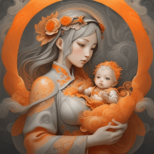 AI generated: nativity,artgerm and ben lo and mucha, orange clouds, female water elemental, lots of swirling, grey...