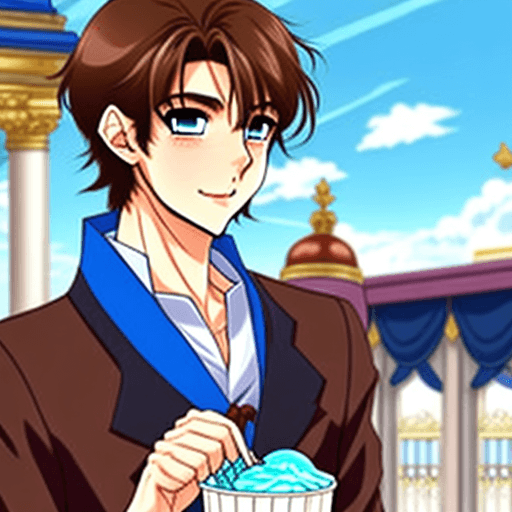 AI generated: handsome anime prince, brown hair, blue eyes, eating ice cream in palace.