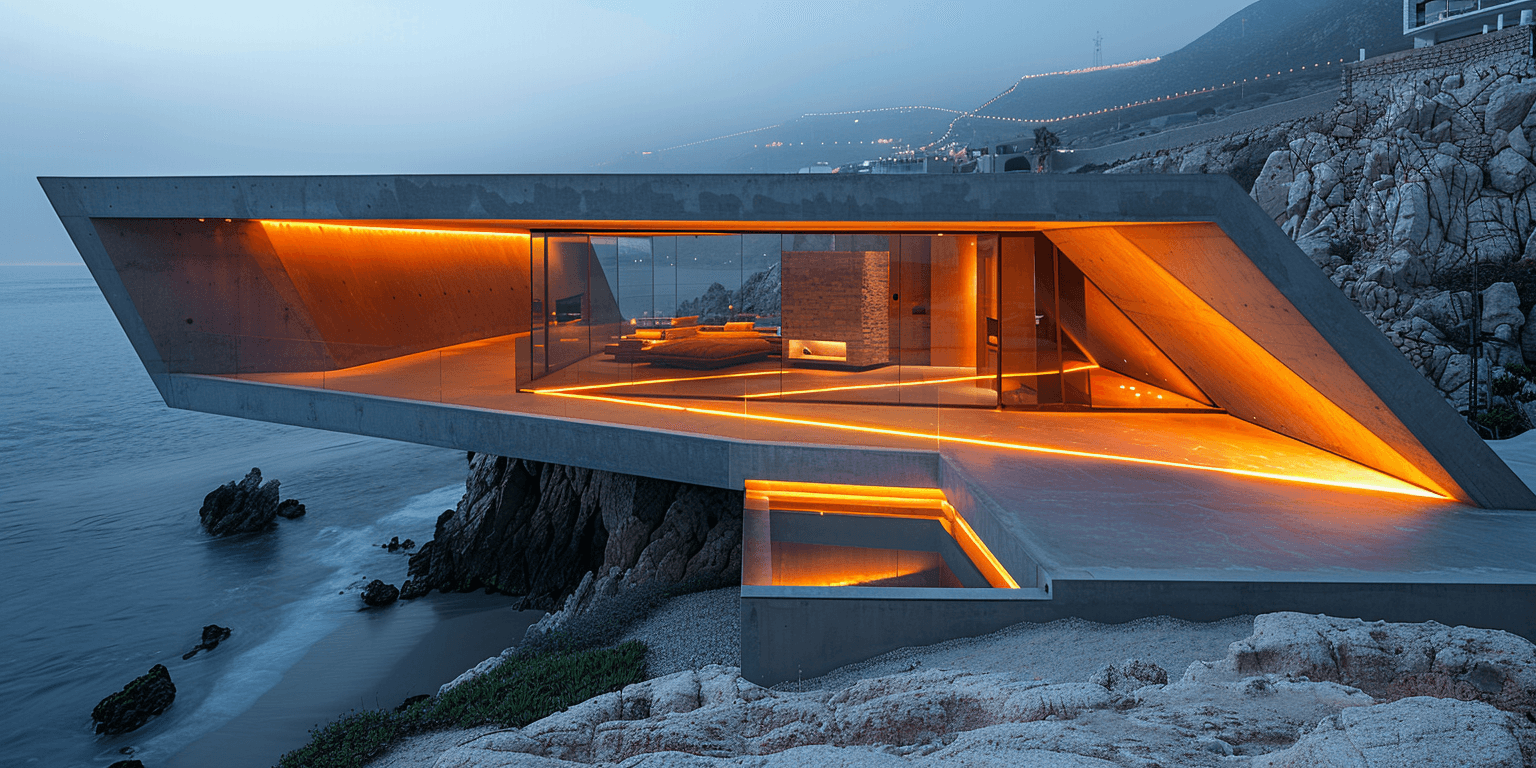 AI generated: modern cabin, tiny house, architecture, minimalist, lights, black steel, concrete, triangle, ocean i...