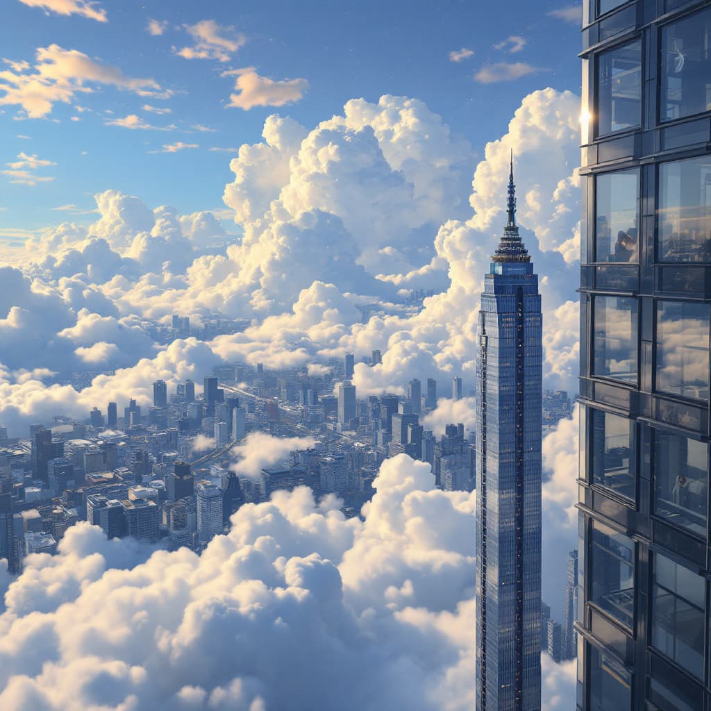 AI generated: a mature girl sleeping on the skyscraper and seeing far down to another short building. hyperrealist...