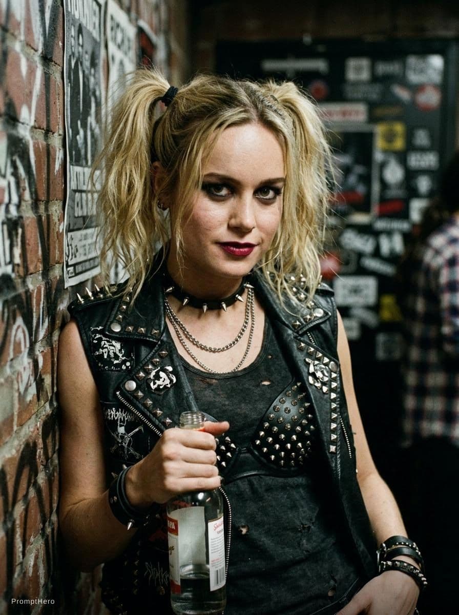 AI generated: Brie Larson acting in a art house movie as a slutty punk rock chick holding a bottle of vodka.  Her ...